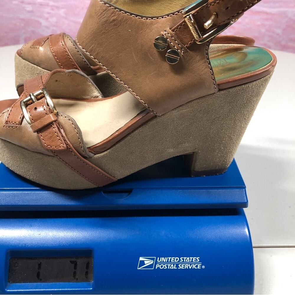 Michael Kors Sandals Women 5.5 MK Tan Suede Leather Strappy Chunky Platform Heel - Picture 7 of 7